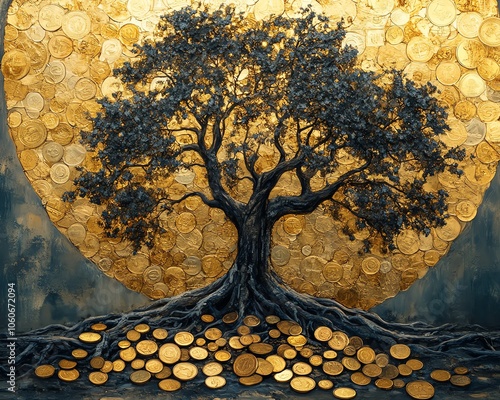 Artistic rendering of a majestic tree flourishing against a backdrop of radiant gold and silver coins photo