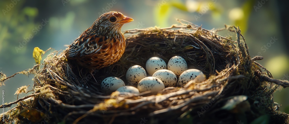 Artistic rendering of a nurturing mother bird incubating her eggs in a snug nest
