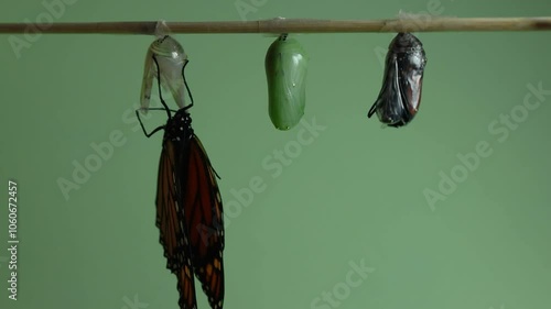 Monarch Butterfly, Danaus plexippus, second of three, hatches from chrysalis fast speed 500x on light green background