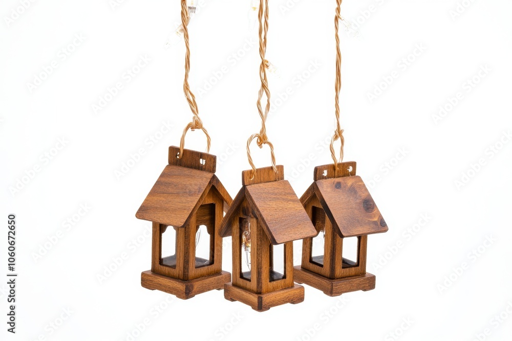 Trio of wooden birdhouses hanging on twisted ropes isolated on white Trio of wooden birdhouses hanging on twisted ropes isolated on white