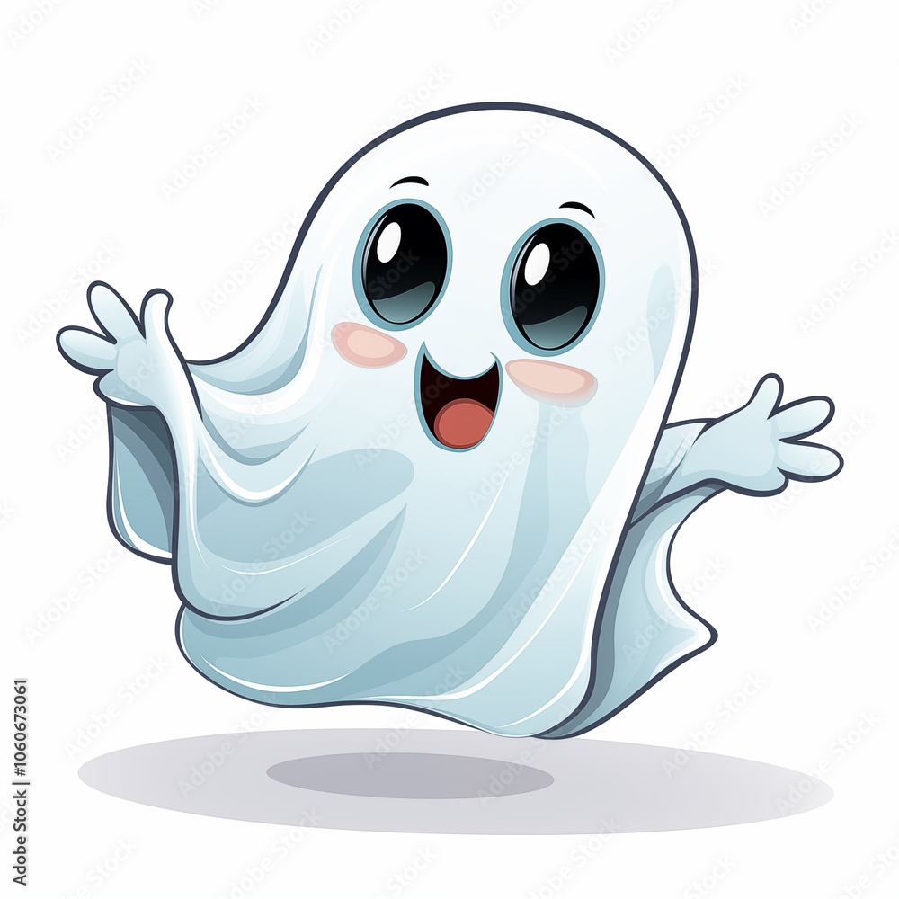 A cheerful cartoon ghost happily floating and spreading joy in a playful atmosphere A cheerful cartoon ghost happily floating and spreading joy in a playful atmosphere