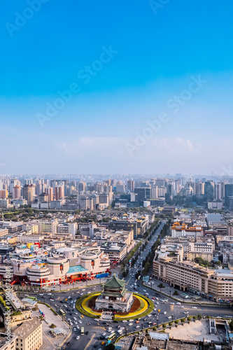 High angle aerial photography of the city skyline from the Bell Tower in Xi'an, Shaanxi Province, China