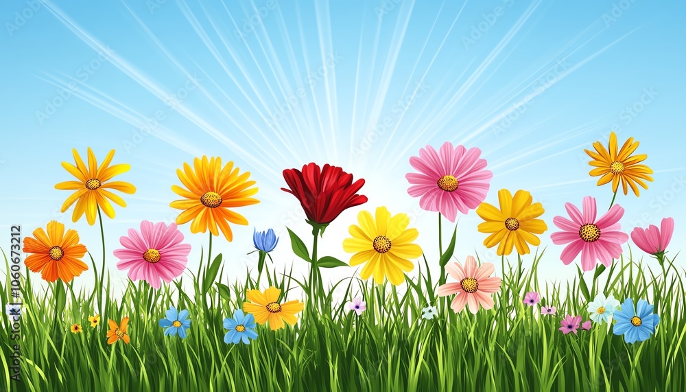 Fototapeta premium Graphic depiction of a lively green meadow filled with an array of colorful flowers dancing in the sunlight