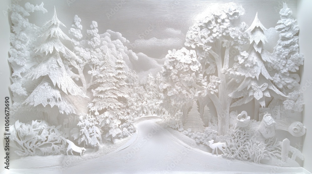 A creative papercut city view of a snow-covered street lined with pine trees and holiday decorations. A creative papercut city view of a snow-covered street lined with pine trees and holiday decorations.
