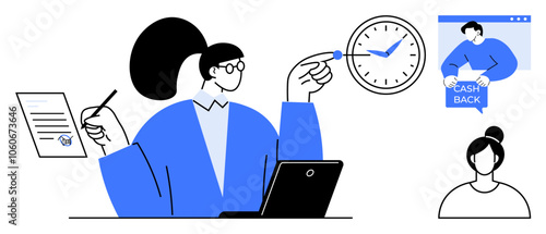 Woman working at desk with laptop pointing at clock, document in hand, person claiming cashback online, and another person. Ideal for business, time management, productivity, online services