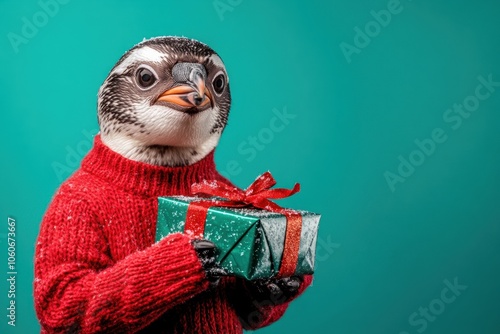 Joyful penguin character in red sweater holding christmas gift photo