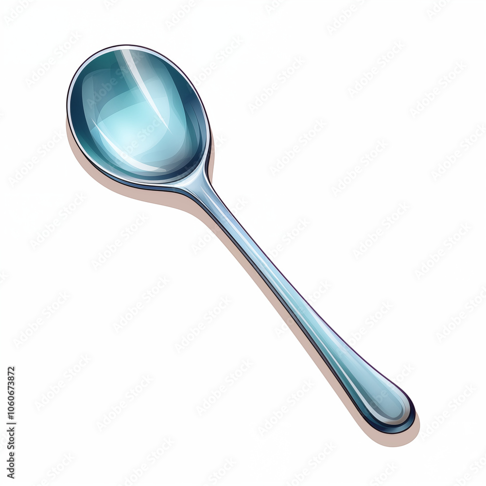 A shiny cartoon spoon sits on a white background, adding a playful touch to the kitchen A shiny cartoon spoon sits on a white background, adding a playful touch to the kitchen