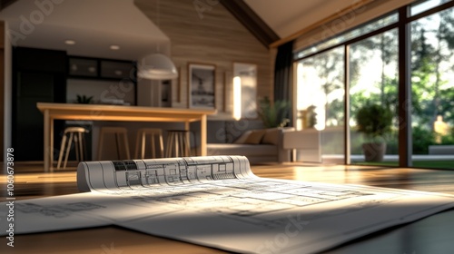 A blueprint is laid out on a wooden floor in a modern, sunlit interior space.