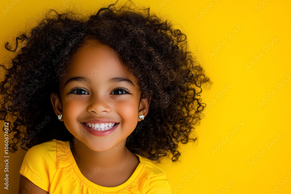 Closeup portrait of a cute smiling African kid on a yellow background. 