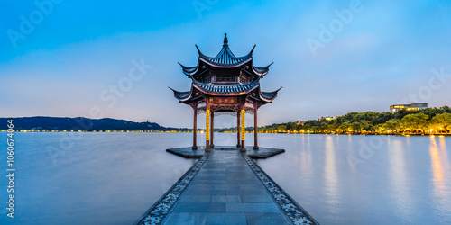 Photography Night view of Jixian Pavilion in West Lake, Hangzhou, Zhejiang, China