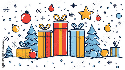 Colorful holiday gifts with trees and ornaments in winter scene