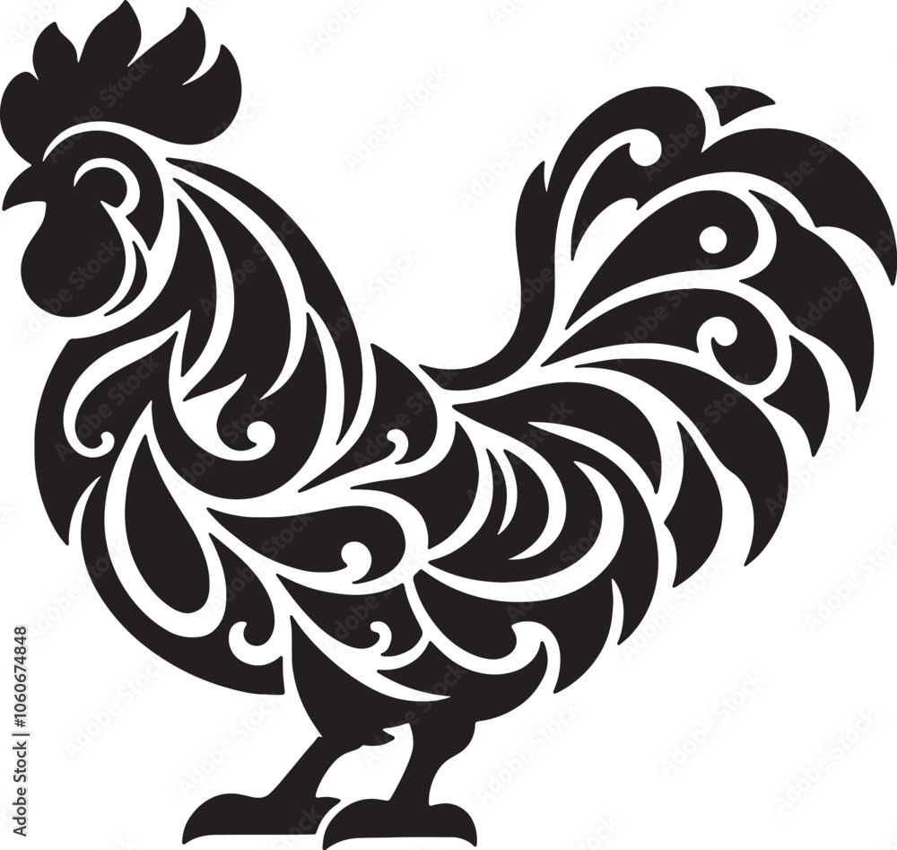 Obraz premium Decorative rooster silhouette with intricate swirl patterns for artistic designs silhouette