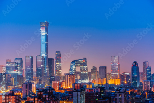 High angle night view of the Beijing Guomao CBD architectural complex in China photo