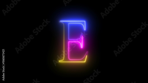 Neon capital letter alphabet E animation. Colorful neon letter "E" on black background.