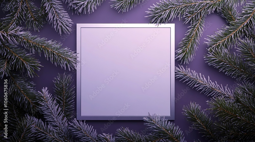 White square frame on purple backdrop with fir branches White square frame on purple backdrop with fir branches