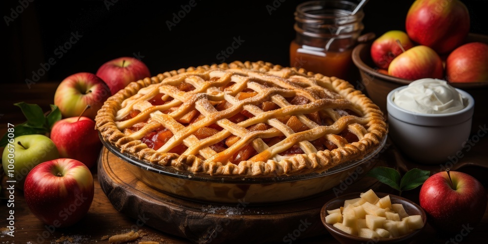 A golden-brown apple pie with a lattice crust, dusted with powdered sugar, sits on a wooden board surrounded by apples and a bowl of whipped cream A golden-brown apple pie with a lattice crust, dusted with powdered sugar, sits on a wooden board surrounded by apples and a bowl of whipped cream