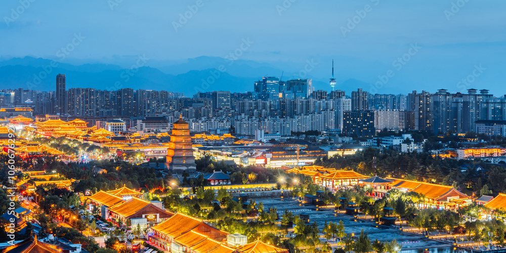 High Anlge View of urban skyline night view of the Big Wild Goose Pagoda in Xi'an, Shaanxi, China High Anlge View of urban skyline night view of the Big Wild Goose Pagoda in Xi'an, Shaanxi, China