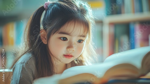 A cheerful brunette teen, lost in a book, radiates happiness