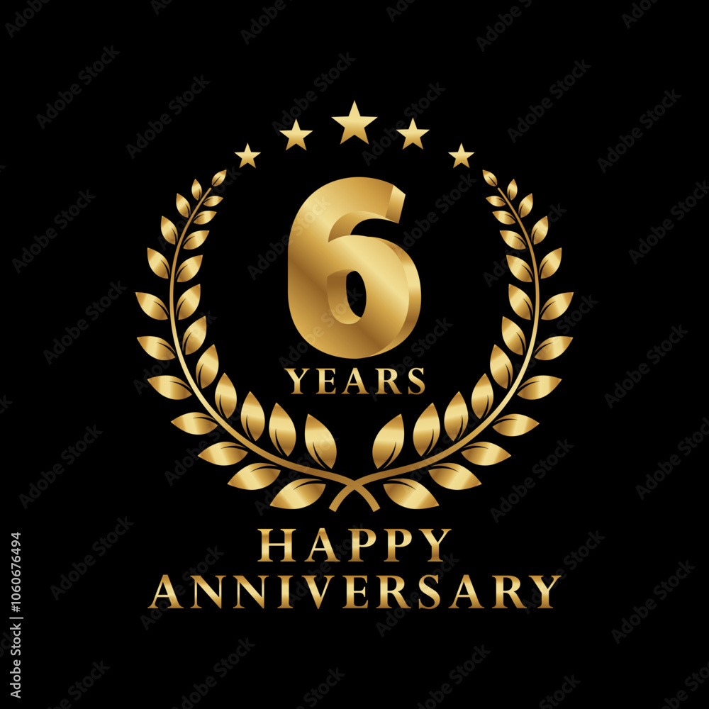 Fototapeta premium Happy Anniversary Logo 1, 2, 3, 4, 5, 6, 7, 8, 9 Years with Laurel Wreath Golden Star. Vector Illustration.