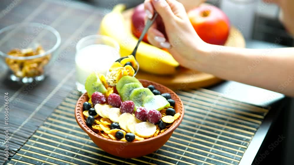 Healthy breakfast bowl with fresh fruits and granola Healthy breakfast bowl with fresh fruits and granola