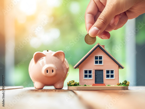 Piggy bank, coins, and money bags with house model and woman holding key, symbolizing financial goals.