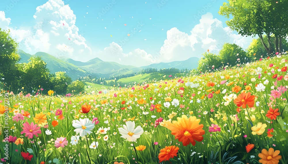 Visual representation of a vibrant green meadow bursting with colorful flowers dancing in the warm sunlight beneath a clear sky, embodying the joyful and tranquil essence of summer Visual representation of a vibrant green meadow bursting with colorful flowers dancing in the warm sunlight beneath a clear sky, embodying the joyful and tranquil essence of summer