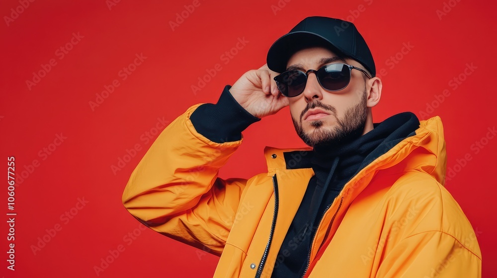 A young man in a yellow jacket and a black cap poses against a bright red background. A young man in a yellow jacket and a black cap poses against a bright red background.