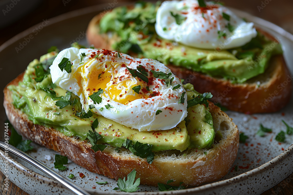 Bruschetta with avocado and poached egg Bruschetta with avocado and poached egg