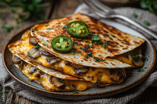 Cheese and mushroom quesadilla with jalapeo photo