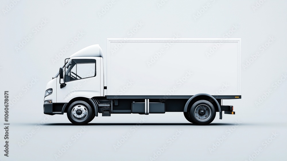 Side view of a white box truck with a modern design on a plain background, showcasing aerodynamic features and clean lines. Side view of a white box truck with a modern design on a plain background, showcasing aerodynamic features and clean lines.