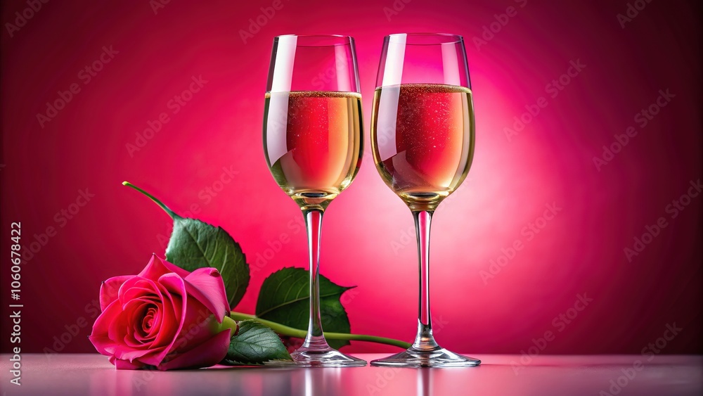 Elegant champagne glasses toasting with a romantic red rose set on a lovely pink background, perfect for celebrating love on Valentine's Day with pop art charm. Elegant champagne glasses toasting with a romantic red rose set on a lovely pink background, perfect for celebrating love on Valentine's Day with pop art charm.