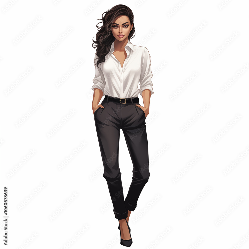 A stylish woman poses confidently in a white shirt and black pants in an urban setting A stylish woman poses confidently in a white shirt and black pants in an urban setting
