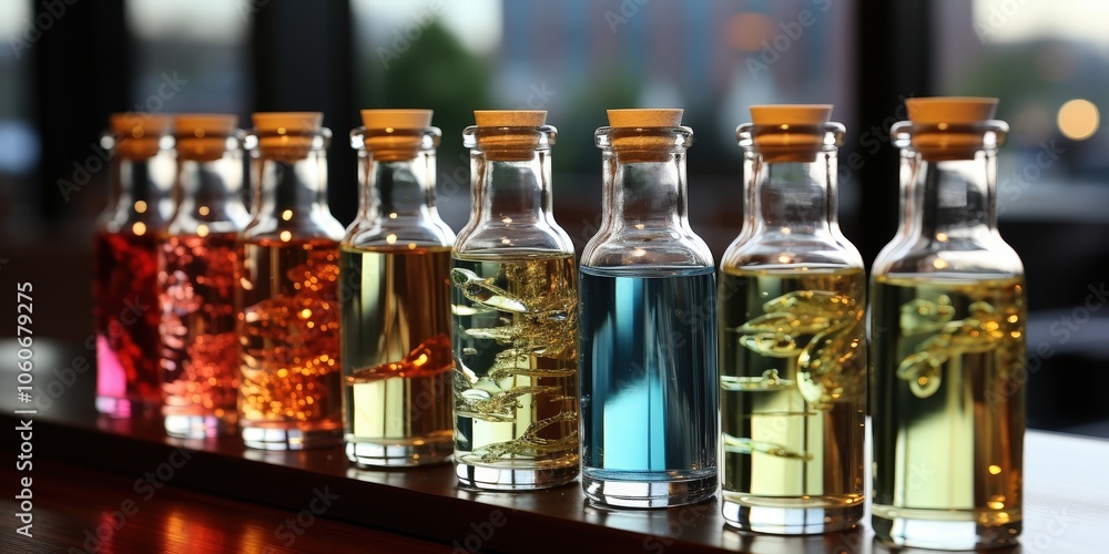 A row of glass bottles filled with vibrant liquids, showcasing the interplay of light and color. A row of glass bottles filled with vibrant liquids, showcasing the interplay of light and color.