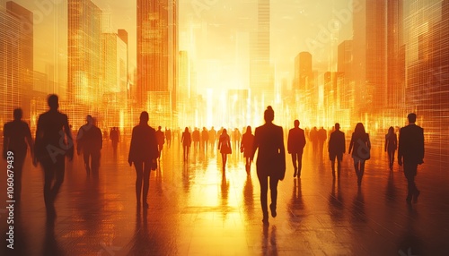 Dynamic 3D visualization of silhouettes of diverse professionals walking with a bright cityscape backdrop, highlighting a bustling, forwardmoving environment