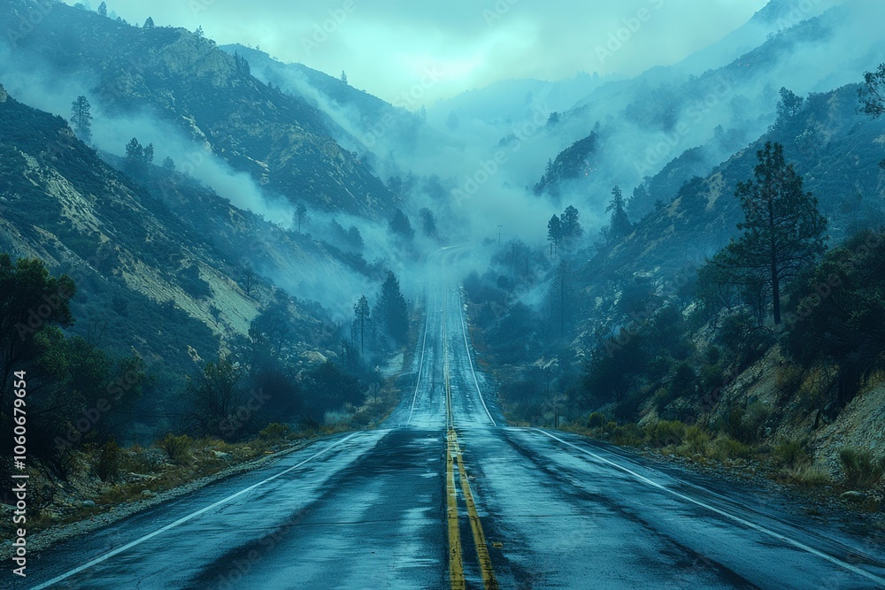 Fototapeta premium A Winding Road Through Misty Mountain Terrain