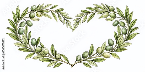 Olive Branch Heart Frame Line Art Floral Wreath - Hand Drawn Ink Illustration for Nature and Botanical Themes