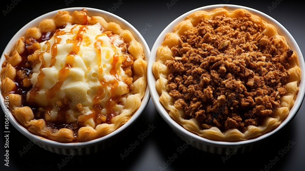 Two Delicious Mini Pies, One Topped With Whipped Cream and Caramel, the Other With a Crumb Topping Two Delicious Mini Pies, One Topped With Whipped Cream and Caramel, the Other With a Crumb Topping