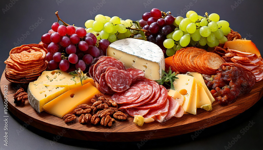Charcuterie board with assorted cheese, meat, and grapes Charcuterie board with assorted cheese, meat, and grapes