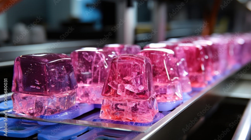 Pink gelatin cubes on a conveyor belt moving through a production line Pink gelatin cubes on a conveyor belt moving through a production line