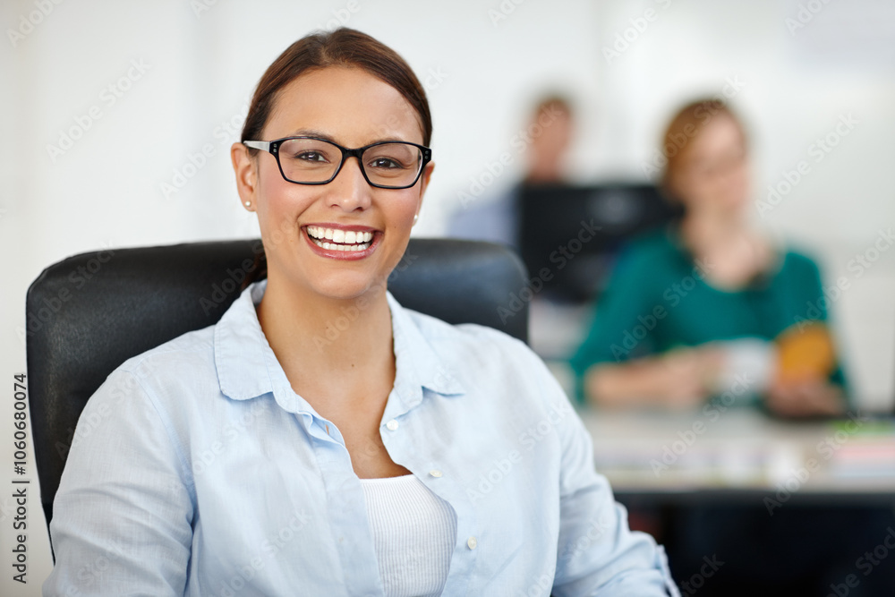 Portrait, woman and happy at office with pride for career growth and job opportunity as copywriter. Female person, employee and smile in confidence with promotion, creativity and project submission Portrait, woman and happy at office with pride for career growth and job opportunity as copywriter. Female person, employee and smile in confidence with promotion, creativity and project submission