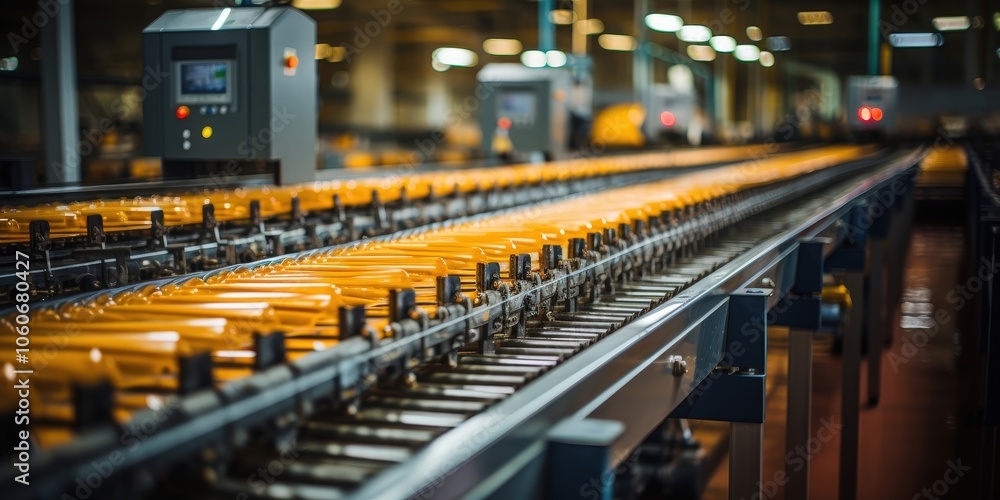 A close-up view of a conveyor belt with a line of yellow products being transported through a manufacturing facility A close-up view of a conveyor belt with a line of yellow products being transported through a manufacturing facility