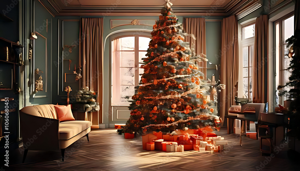 Fototapeta premium festive interior scene features christmas tree digital rendering art style visuals