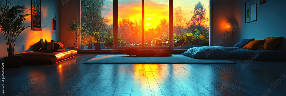 Fototapeta premium A warm sunset casts golden light into a cozy living room filled with plants and soft cushions, creating a tranquil and inviting atmosphere