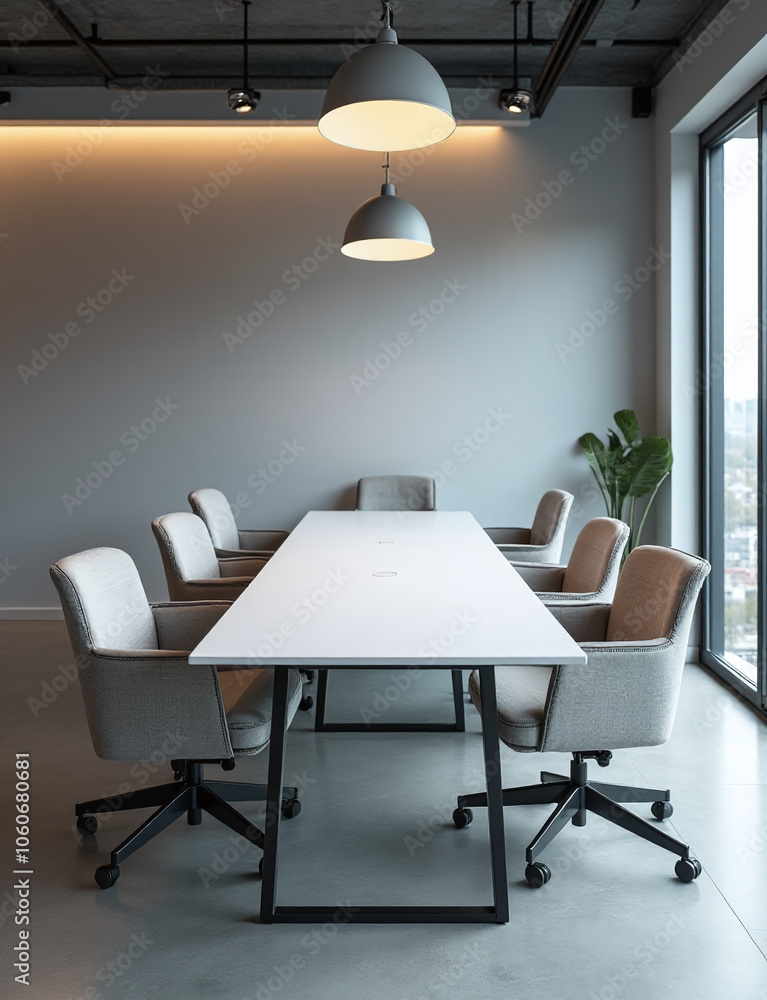 Grey office features a large table and empty chairs, decorated for meetings but currently vacant of any workers or activity. Grey office features a large table and empty chairs, decorated for meetings but currently vacant of any workers or activity.