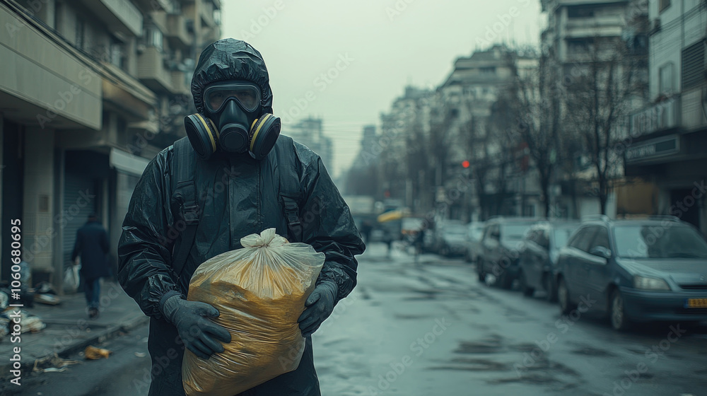 A figure wearing a gas mask and protective clothing walks down a rainy, empty street while holding a yellow bag, surrounded by muted city buildings A figure wearing a gas mask and protective clothing walks down a rainy, empty street while holding a yellow bag, surrounded by muted city buildings