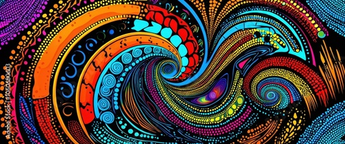 Vibrant fractal patterns, Psychedelic swirls, Intricate colorful designs, Spiraling shapes, Abstract digital art, Kaleidoscopic imagery, Neon colors, Fluid organic forms, Hypnotic curves, Geometric pa