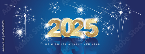 We wish you Happy New Year 2025. New modern 3d concept design. Golden luminous glittering gold white silver 3D 2025 with 2025 in shadows and stars sparkling fireworks on blue background.ai