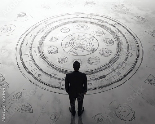 Professional 3D rendering of a businessman observing a collection of handdrawn business symbols arranged circularly on a white background photo