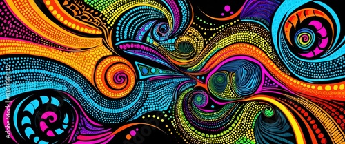 Vibrant fractal patterns, Psychedelic swirls, Intricate colorful designs, Spiraling shapes, Abstract digital art, Kaleidoscopic imagery, Neon colors, Fluid organic forms, Hypnotic curves, Geometric pa