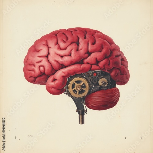 A human brain with gears and cogs replacing part of the temporal lobe, suggesting that technology is becoming increasingly integrated into our lives. photo